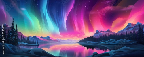 Multicolor Aurora borealis at night over mountains on iceland nature  panorama. Generative Ai.