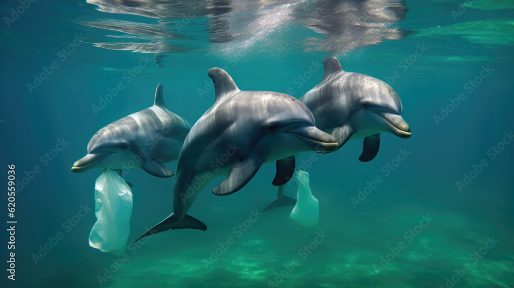 Fototapeta premium A poignant reminder of the harmful effects of plastic pollution on marine creatures, dolphin, plastic bag, AI generated