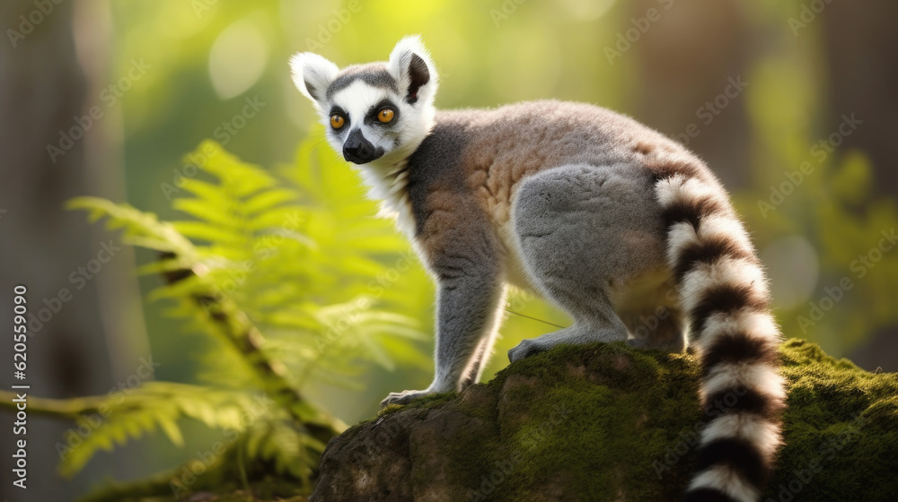 Fototapeta premium A captivating lemur perched on a tree branch, showcasing its unique features amidst the lush greenery of its natural habitat AI generated