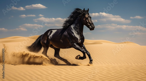 Against the backdrop of a barren desert, a black horse exudes an aura of untamed beauty and freedom. AI generated