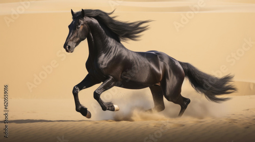 black horse against the golden sands of the desert evokes a sense of wonder and adventure, AI generated