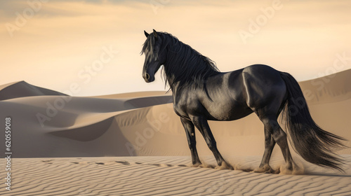 A majestic black horse stands proudly in the vast desert, embodying strength and grace amidst the rugged landscape. AI generated