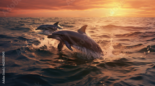 dolphins playfully swims in the crystal-clear waters  exemplifying the joy and camaraderie among these majestic creatures. AI generated