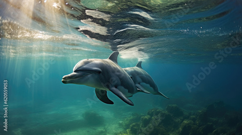 A captivating view of dolphins gracefully swimming in the vast ocean, showcasing the beauty and elegance of these intelligent marine creatures. AI generated © Valeriia