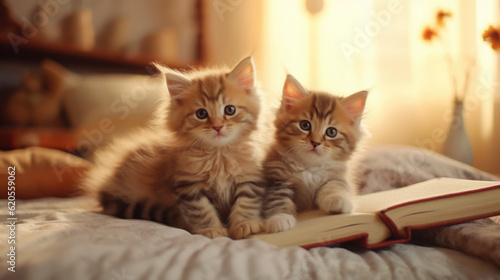 portrait of a pair of curious kittens, cozy home setting AI generated