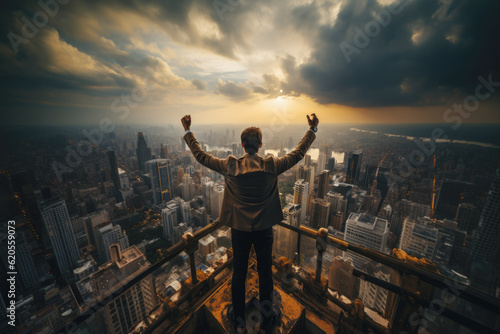  Successful businessman raising his arms like a winner standing on roof of office building with city view. Concept of business success and victory.