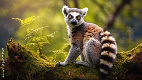 Fascinating lemur, a symbol of Madagascar's biodiversity, gracefully perched on a tree branch, blending perfectly with the lushness of nature AI generated © Valeriia