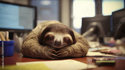 Tranquil sloth finding solace in an office setting, embodying a calm and serene atmosphere that promotes relaxation and work-life balance AI generated