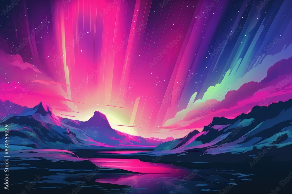 Multicolor Aurora borealis at night over iceland moutain lake, night. Generative Ai.