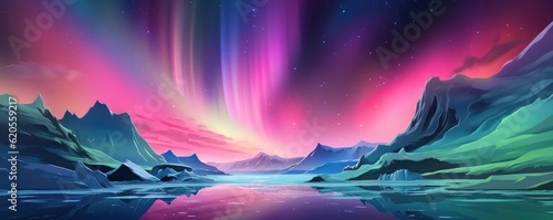 Pink Aurora borealis at night over iceland moutain lake, night panorama. Generative Ai.