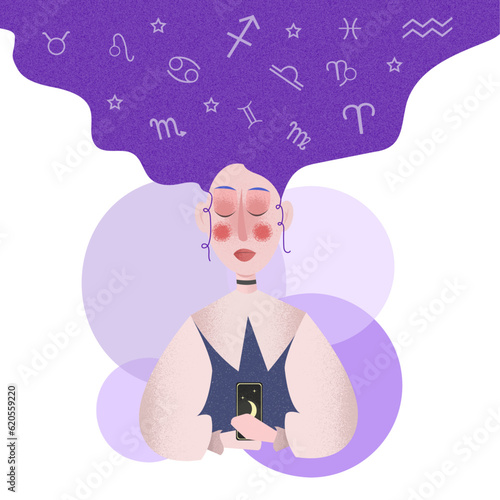 A beautiful girl fortune teller in holds taro card. Tarot divination. Mystical girl. Signs of the zodiac