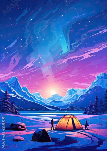 Pink Aurora borealis at night with tent in iiceland nature, night. Generative Ai.