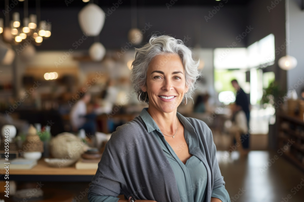 Portrait of a smiling woman with grey hair, small business owner in her furniture store