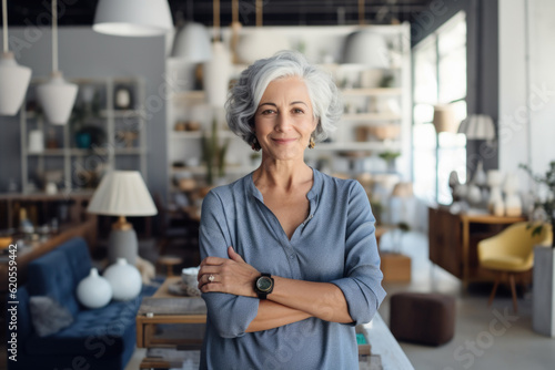 Portrait of a smiling woman with grey hair, small business owner in her furniture store photo