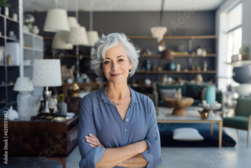 Portrait of a smiling woman with grey hair, small business owner in her furniture store