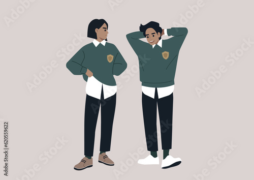 A shy student flirting with their crush during the break, both wearing university uniforms