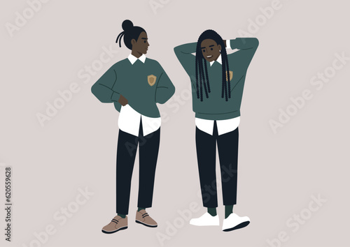 A shy student flirting with their crush during the break, both wearing university uniforms