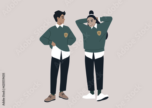 A shy student flirting with their crush during the break, both wearing university uniforms