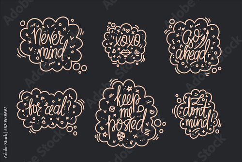 Hand drawn typography poster set. Never mind, xoxo, I dont mind, keep me posted, for real, go ahead phrases in speech bubbes. Design for greeting cards, posters, prints, home decorations. photo