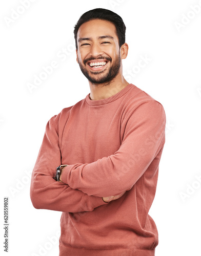 Leinwand Poster Laugh, portrait of man with arms crossed and isolated on transparent png background, confidence with proud happiness