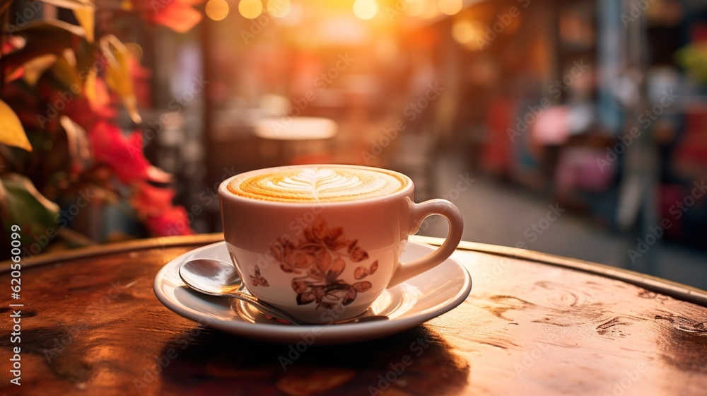 A cup of hot cappuccino on a table in a street cafe in a morning warm atmosphere. Start the day with aromatic coffee. AI generated