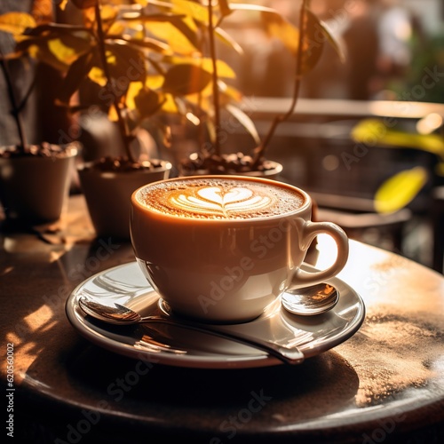 A cup of hot cappuccino on the table in the morning warm atmosphere. Start the day with aromatic coffee. AI generated