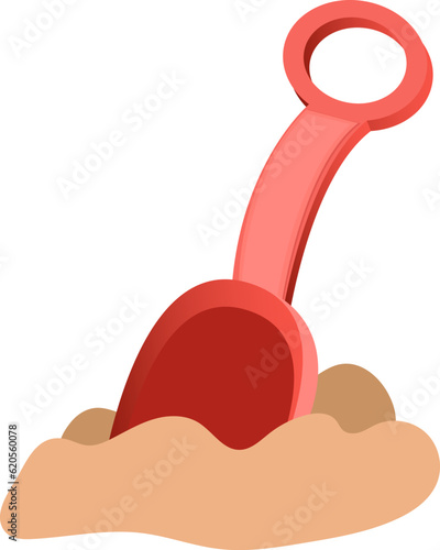 Kids red shovel with sand flat style isolated on white background