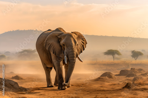 Elephants walking across a dry grass field. Animal and nature environment concept. © AspctStyle