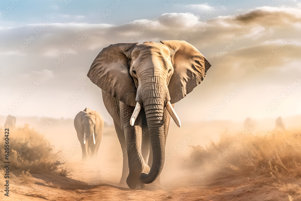 Fototapeta premium Herd of elephants walking across a dry grass field. Animal and nature environment concept.
