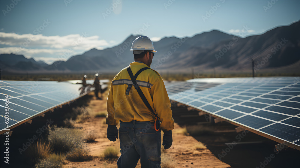 workers building a solar panel field in the desert Generative AI