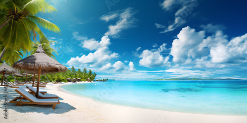 Beach view, Coconut palm on the shore of a tropical island ocean sand Generative AI