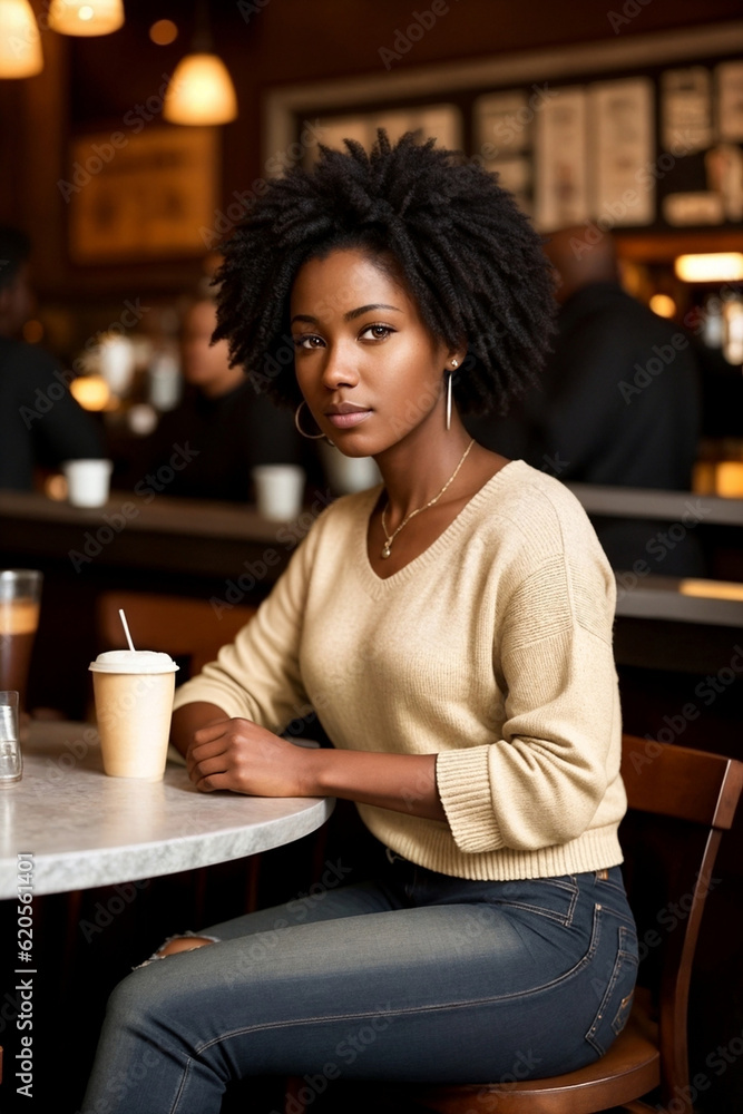 African American woman in a cafe. Generative AI