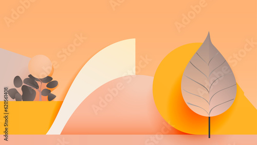 Colorful autumn banner product display cylindrical shape podium geometric poster design empty space.