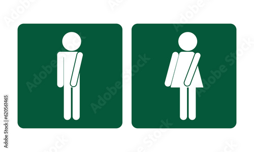 Printable isolated sticker label design of men man and women women, gent and ladies toilet, WC, restroom sign in green square design