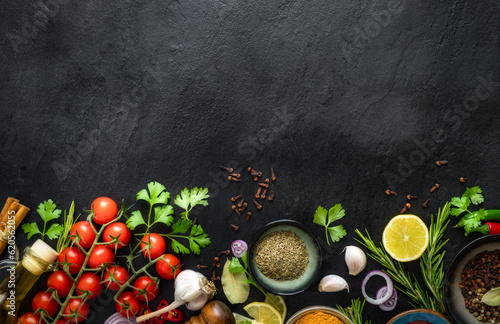 Food cooking ingredients background with various spices, fresh vegetables, herbs and olive oil on dark stone table with copy space top view. Healthy vegetarian eating