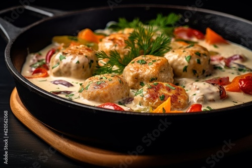 Boulettes de Poisson in a creamy sauce with colorful vegetables