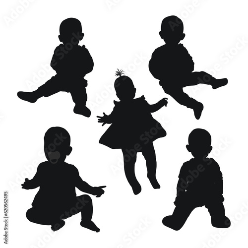 Image of a black silhouette of a baby up to a year. The child sitting, walking, dance