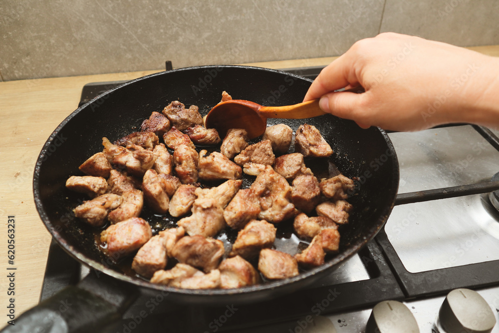 Woman mixing the meat in a frying pan shovel. Pan-fried meat, French fries Woman mixing the meat in a frying pan shovel. Pan-fried meat, French fries