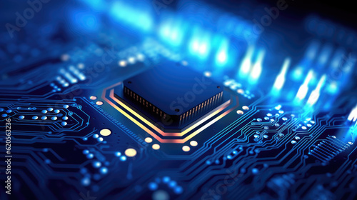 Computing processor, CPU, microchip and electronic circuit board. Advanced technology conceptual background - Generative AI