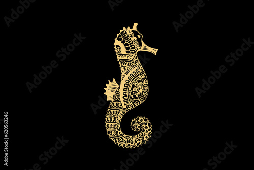 Zentangle art for Sea Horse with gold color isolated on dark black background - vector illustration