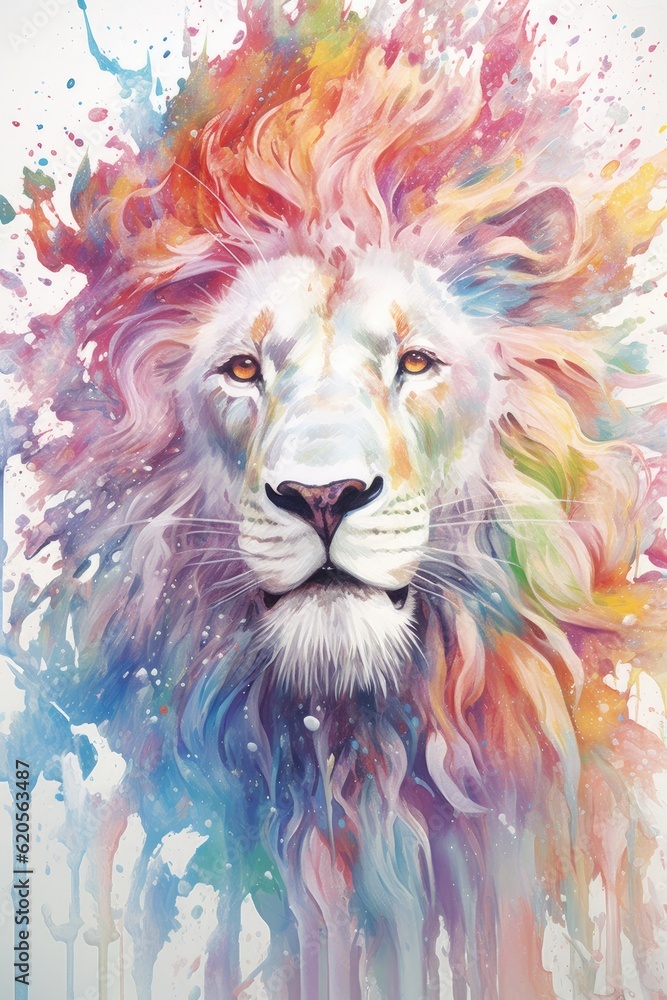 fluidity and unpredictability of watercolors by creating a dynamic and energetic lion print. bold brushstrokes and splashes of color to depict the lion's movement and power 