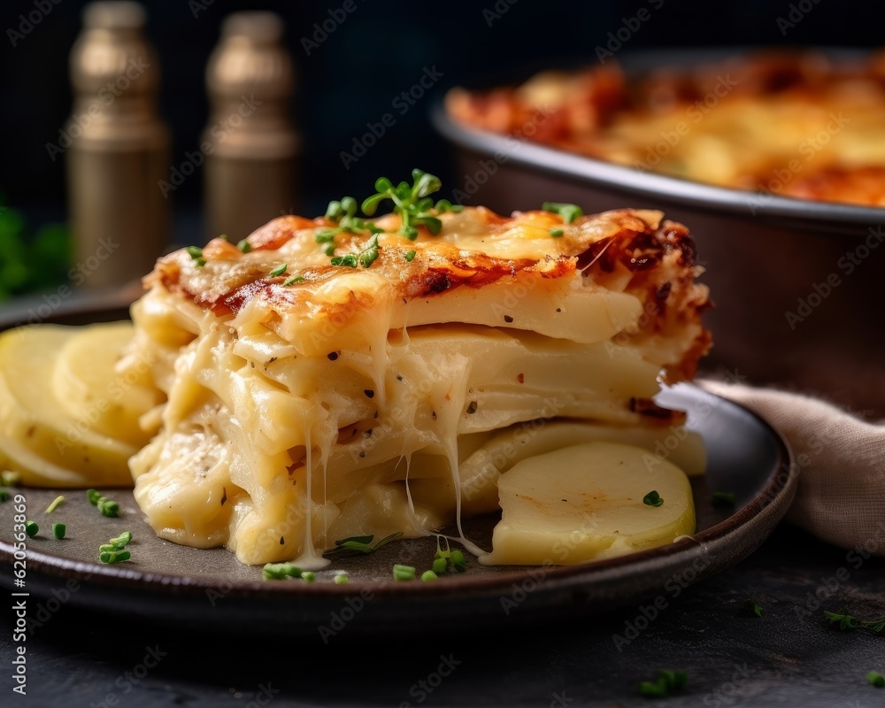Gratin de Pommes de Terre with a slice cut and served on a plate, showing layers of tender potatoes and cheese