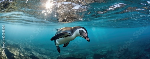 Penguin in clear frozen water under ice of glacier, under water view, panarama. Generative Ai. © annamaria
