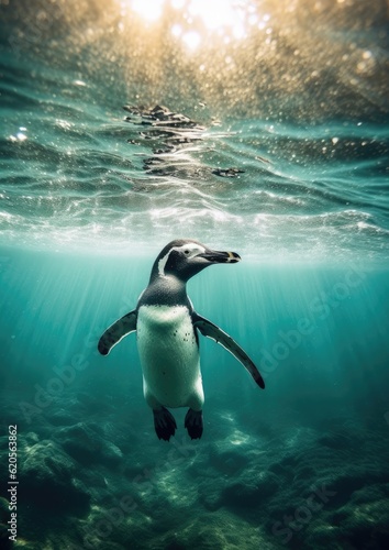 Penguin in clear frozen water under ice of glacier, under water view. Generative Ai.