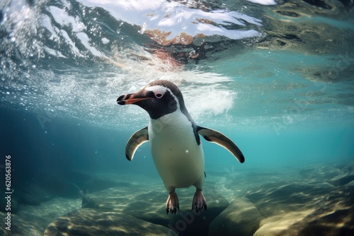 Penguin in clear frozen water under ice of glacier  under water view. Generative Ai.