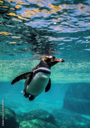 Penguin in clear frozen water under ice of glacier  under water view. Generative Ai.