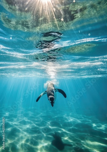 Penguin in clear frozen water under ice of glacier, under water view. Generative Ai.