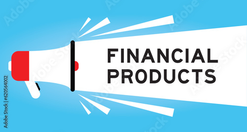 Color megaphone icon with word financial products in white banner on blue background