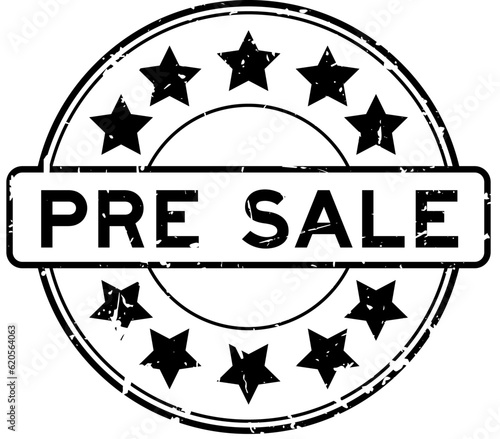 Grunge black pre sale word with star icon round rubber seal stamp on white background