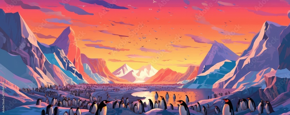 Crowd of pinguins celebrating on glacier, sunset mountains in background, panorama. Generative Ai.